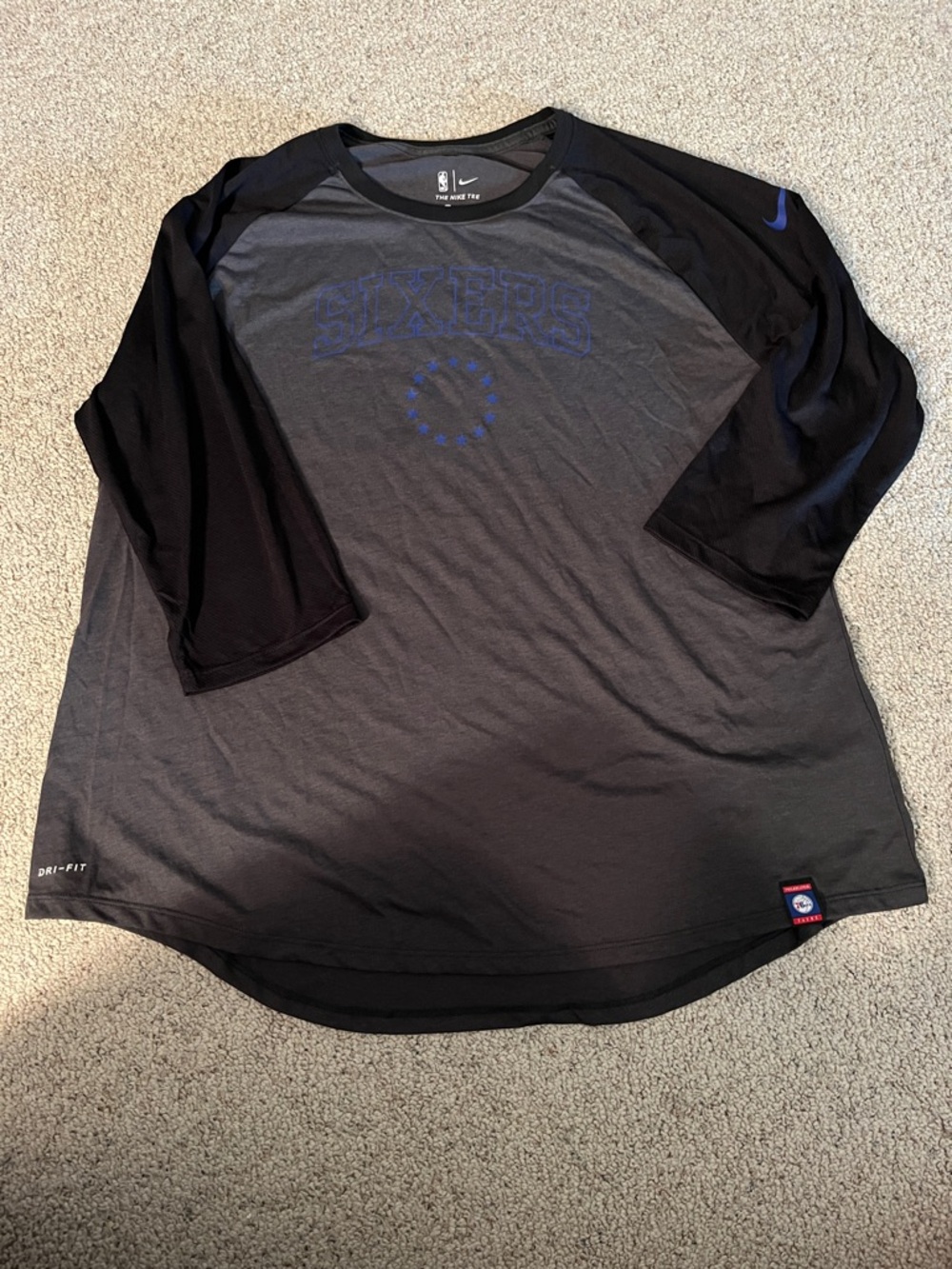 Nike women’s Black and Gray Sixers Dri-FIT Raglan 3/4 Sleeve Shirt